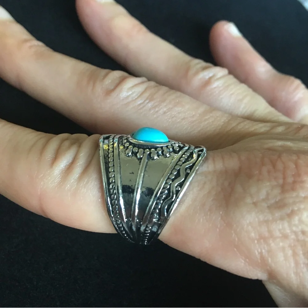 Faux Blue Stone Silver Tone Fashion Ring